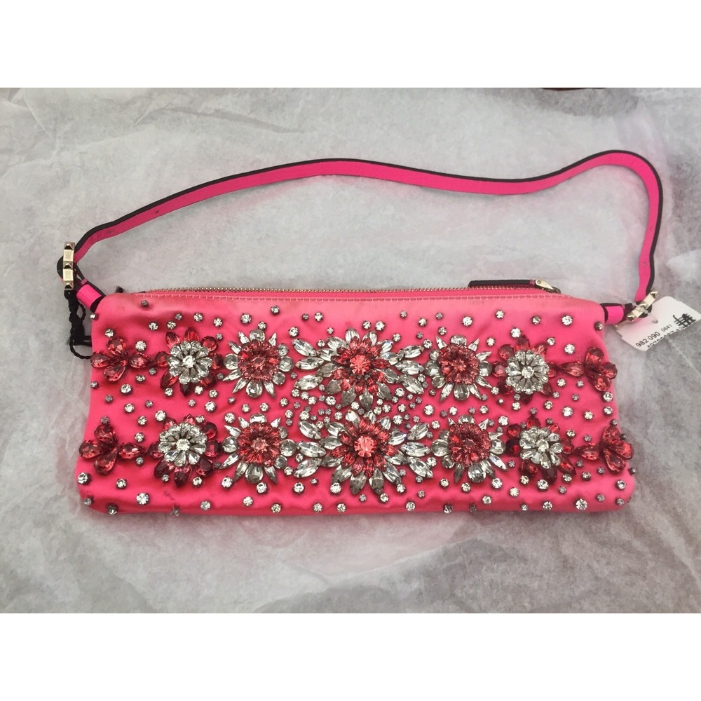 Valentino Garavani Pink Silk Satin‎ Crystal Embellished Flower Pochette Bag